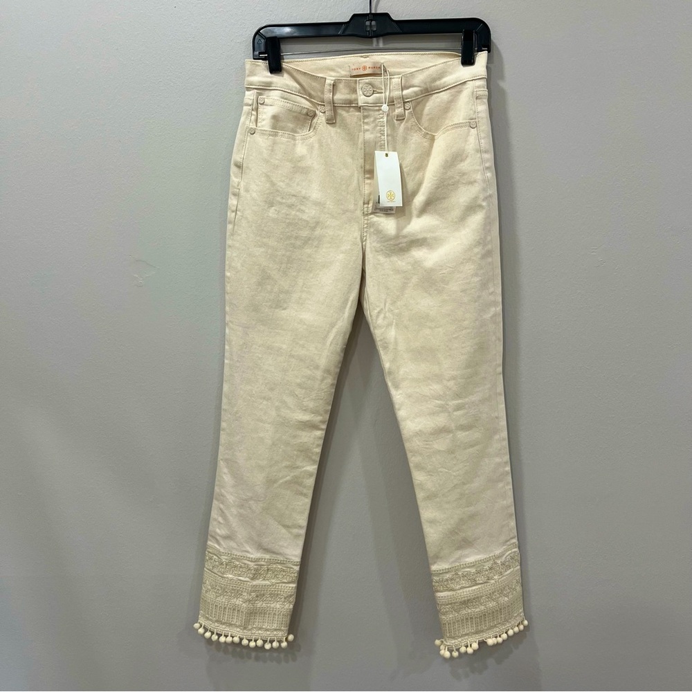 Tory Burch Embroidered crop cropped cream pom Pom hem Lana jeans 28 6 NWT NEW